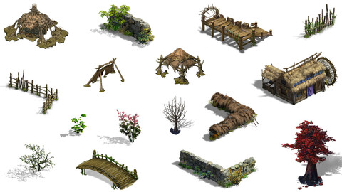 212 Objects Fantasy Village Hut Tent Mud House Home Tree Bridge Grass Nature Interior Exterior Architecture Game Assets Collection