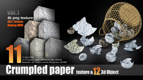 11 crumpled paper PBR texture and 12 crumpled paper 3d Object