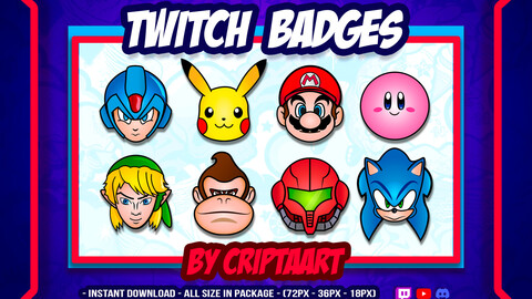 Twitch Badges / Smash Bros Badges / Mario Bros / Megaman / Pikachu / Link / Donkey Kong / Samus / Kirby / Sonic / Stream Graphics