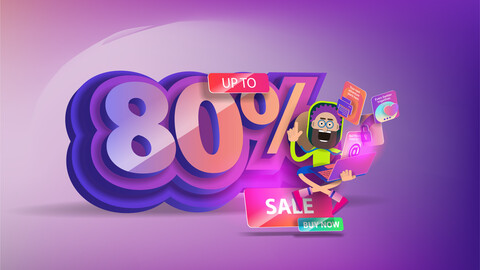 cartoon man with glasses is sitting on huge figures 80% discount