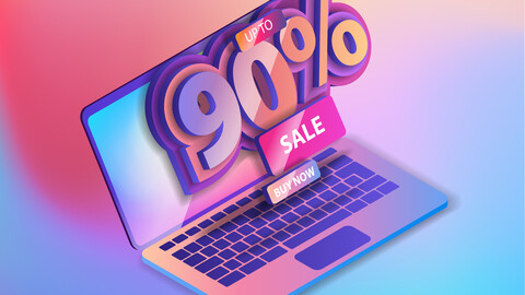 A banner with a 90 percent discount on the laptop screen