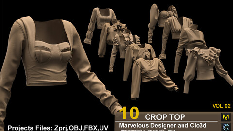 10 CROP TOP VOL 2 (MARVELOUS DESIGNER AND CLO3D)ZPRJ, OBJ, FBX,UV
