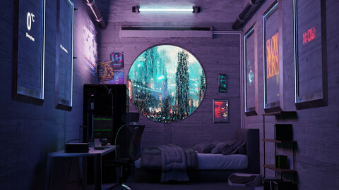 High Detail Cyberpunk Apartment Scene 3D Blender File (Textured) + (FBX - OBJ - MTL Files)