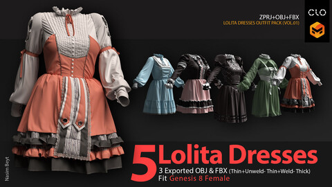5 Lolita Dresses (VOL.01). CLO3D, MD PROJECTS+OBJ+FBX