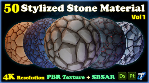 50 Stylized Stone Material - SBSAR + PBR Textures (MEGA Bundle) - Vol 1