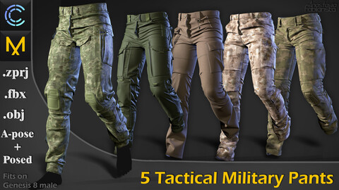 5 Tactical Military Pants|Marvelous Designer/Clo3D Projects+OBJ+FBX (A-posed+posed)