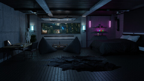 Cyberpunk Apartment Scene 3D Blender File (Animated and Textured) + (FBX - OBJ - MTL Files)