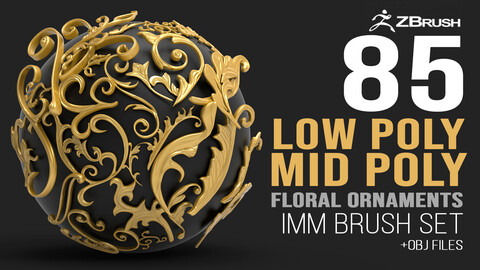 85 low poly, mid poly carved baroque floral ornament decals and railheads shapes IMM brush set for Zbrush, obj files.