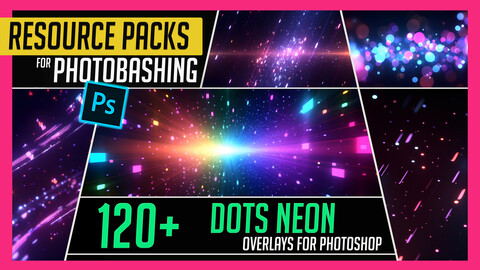 PHOTOBASH 120+ Dots Neon Overlay Effects Resource Pack Photos for Photobashing in Photoshop