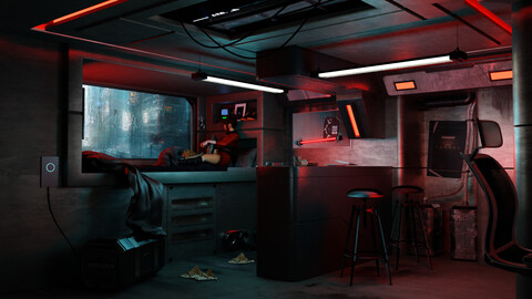 High Detail Cyberpunk Apartment Scene 3D Blender File (Textured) + (FBX - OBJ - MTL Files)