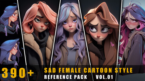 390+ Sad Female Cartoon Style - References Pack Vol.01