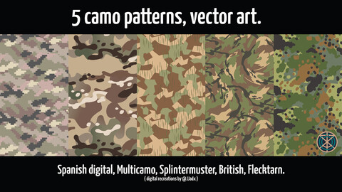 5 vector camouflage patterns. Flecktarn, Multicam, Splittertarnmuster, etc.