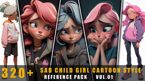 320+ Sad Child Girl Cartoon Style - References Pack Vol.01