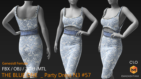 THE BLUE ONE _ Party Dress N3 #57 _ MarvelousDesigner/CLO Project Files+fbx+obj+mtl _ Genesis8Female