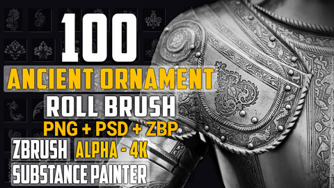 100 Ancient Ornament Roll Brush (PSD+PNG+ZBP) AND Alpha Brush