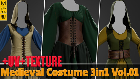 3 in 1 Medieval Costume + Clo3D/Marvelous + FBX + ZPRJ + OBJ + UV + Texture Vol.01