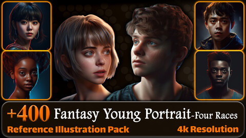 400 Fantasy Young Portrait - Four Races Reference Pack | 4K | v.3