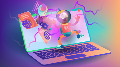 cartoon astronaut falls on laptop screen and web application icons