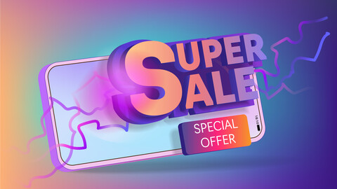 A banner for a sale with the inscription super sale on the mobile phone screen