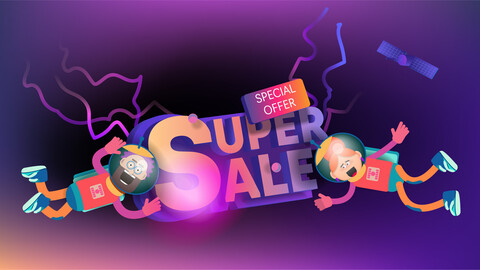 Two cartoon astronauts fly around the super sale inscription