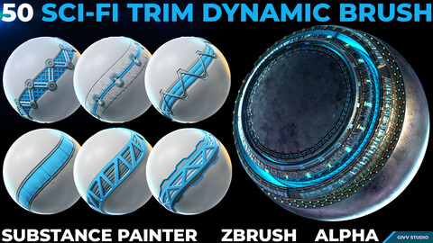 50 Sci-Fi Trim Dynamic Brush  - Substance Painter & Zbrush (+Alpha map included)