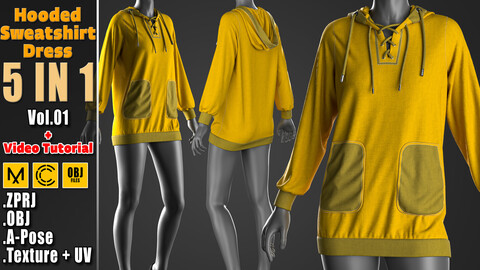 5 In 1 Hooded Sweatshirt Dress + Clo3D/Marvelous + Video Tutorial + ZPRJ + OBJ + UV+ Texture Vol.01