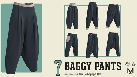 7 BAGGY PANTS Pack / CLO3D / Marvelous + Project files: Zprj + OBJ + FBX