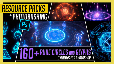PHOTOBASH 160+ Magic Rune Circles and Glyphs Overlay Effects Resource Pack Photos for Photobashing in Photoshop