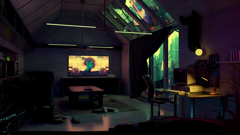 High Detail Cyberpunk Apartment Scene 3D Blender File (Textured) + (FBX - OBJ - MTL Files)