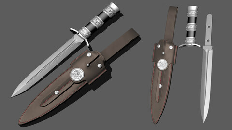 Dagger model with complete structure and leather case, all quads, clean topology