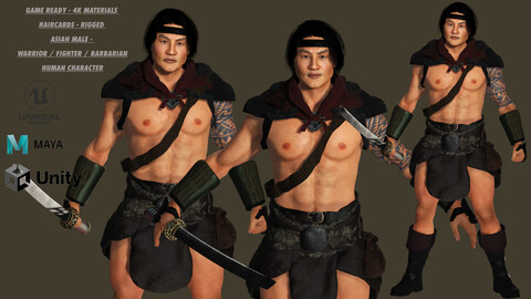 AAA 3D ASIAN MALE FIGHTER or BARBARIAN - REALISTIC RIGGED GAME READY CHARACTER