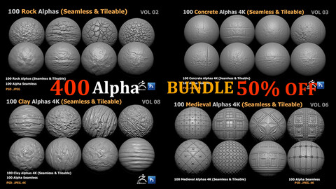 400 Alpha Bundle   Rock, Concrete, Medieval, Clay 50% OFF (Seamless & Tileable)