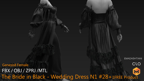 The Bride in Black - Wedding Dress N1 #28+1freeproduct _ MarvelousDesigner/CLO Project Files+fbx+obj+mtl _ Genesis8Female