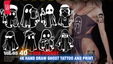 40 4K HAND DRAW CUTE CARTOONY GHOSTS FOR TATTOO AND PRINT - HIGH END QUALITY RES - (ALPHA & TRANSPARENT & SVG VECTOR) - VOL95