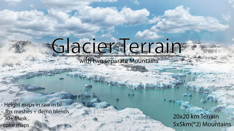 Glacier Terrain with 2 separate Mountains (20x20km) + (5x5km)*2