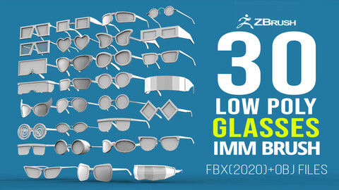 30 low poly glasses base mesh shapes IMM brush set for Zbrush, fbx and obj files.