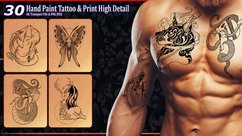 30 Hand Paint Tattoo & Print High Detail (4K+Transparent+ALPHA File) .vol4