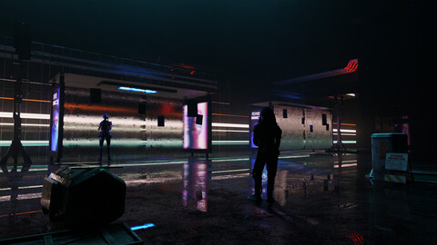 Cyberpunk Bus Station Scene 3D Blender File (Textured) + (FBX - OBJ - MTL Files)