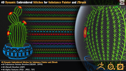 40 Dynamic Embroidered Stitches for Substance Painter and ZBrush