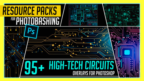 PHOTOBASH 95+ High-Tech Circuits Overlay Effects Resource Pack Photos for Photobashing in Photoshop