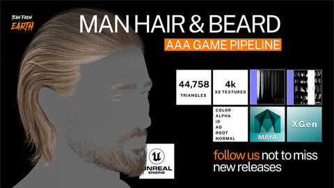 Game ready middle length hairstyle male with short beard