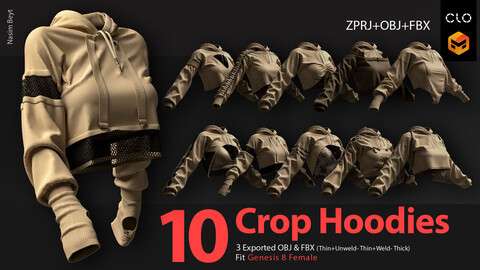 10 Crop Hoodies (VOL.01). CLO3D, MD PROJECTS+OBJ+FBX