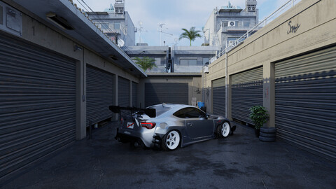 High Detail Car Garage Alley Scene 3D Blender File (Textured) + (FBX - OBJ - MTL Files)