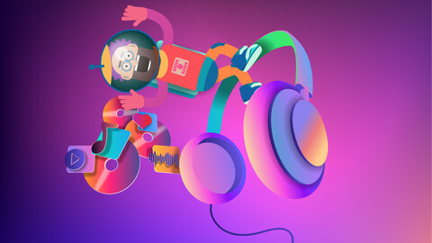 cartoon astronaut flies past studio headphones and music icons in space