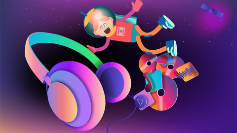 Cartoon astronaut girl and huge headphones with music icons in space