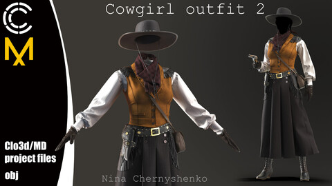 Cowgirl outfit 2. Marvelous Designer/Clo3d project + OBJ.