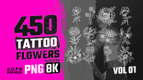 450 Flowers tattoos vol01 (Amaryllis, Alstroemeria, Begonia, Bougainvillea, Camellia, Canna Lily, Dahlia, Freesia, Honeysuckle, Lilac, Nasturtium, Primrose, Stock, Sweet Pea, Verbena, Wisteria, Zinnia, ...)