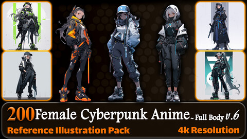 200 Female Cyberpunk Anime (Full Body) Reference Pack | 4K | v.6