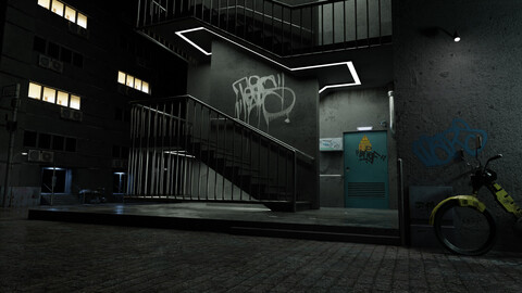Cyberpunk Midnight Street Corner Scene 3D Blender File (Textured) + (FBX - OBJ - MTL Files)