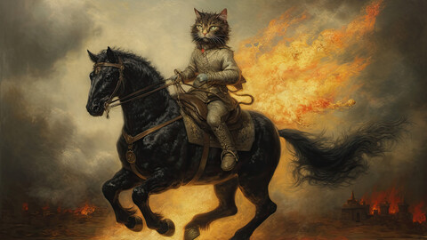 Mr. Whiskers the Battle Cat Rides a War Horse Strange Unusual Unique and Bizarre Art